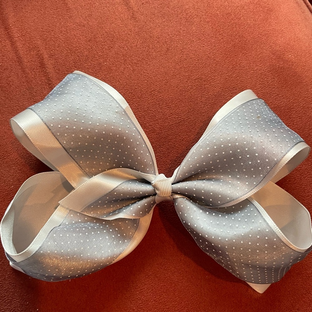 Gray, silver polka dot ribbon bow clip in